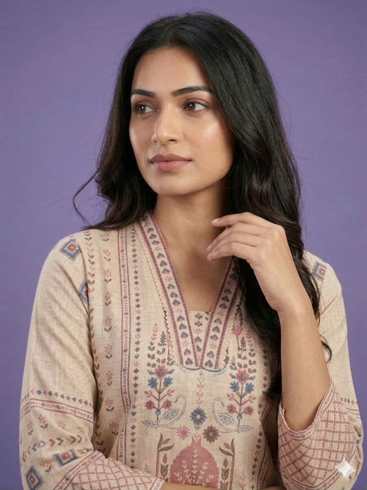 Ivory V Neck Cotton Kurta