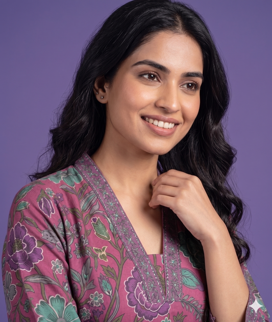 Pink Deep-V Cotton Kurta