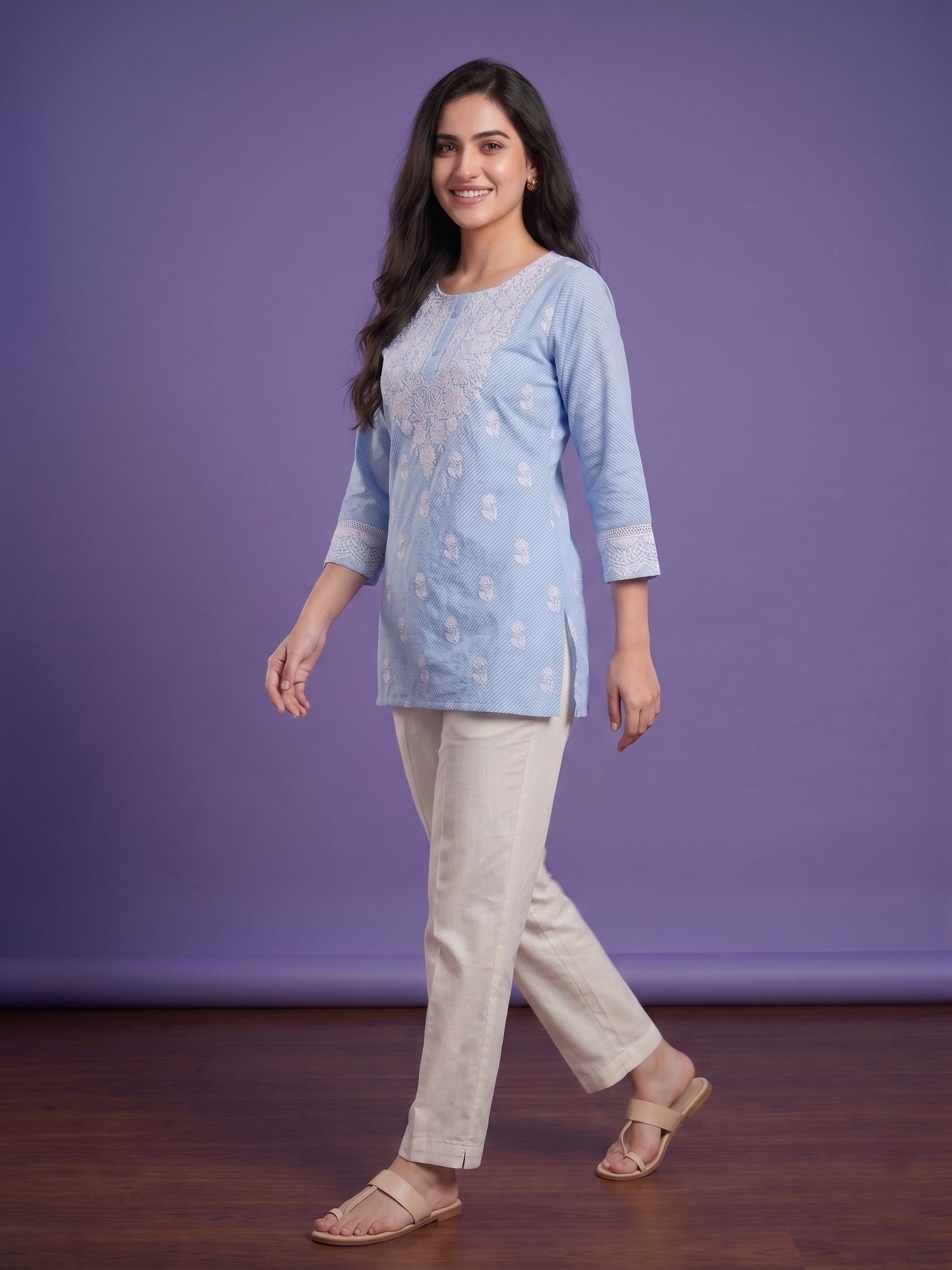 Blue V Neck Cotton Short Kurta