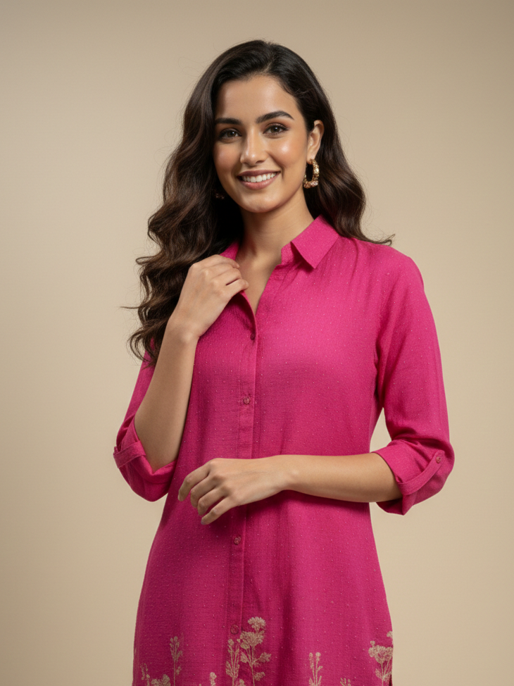 Pink Collard Cotton Short Kurta