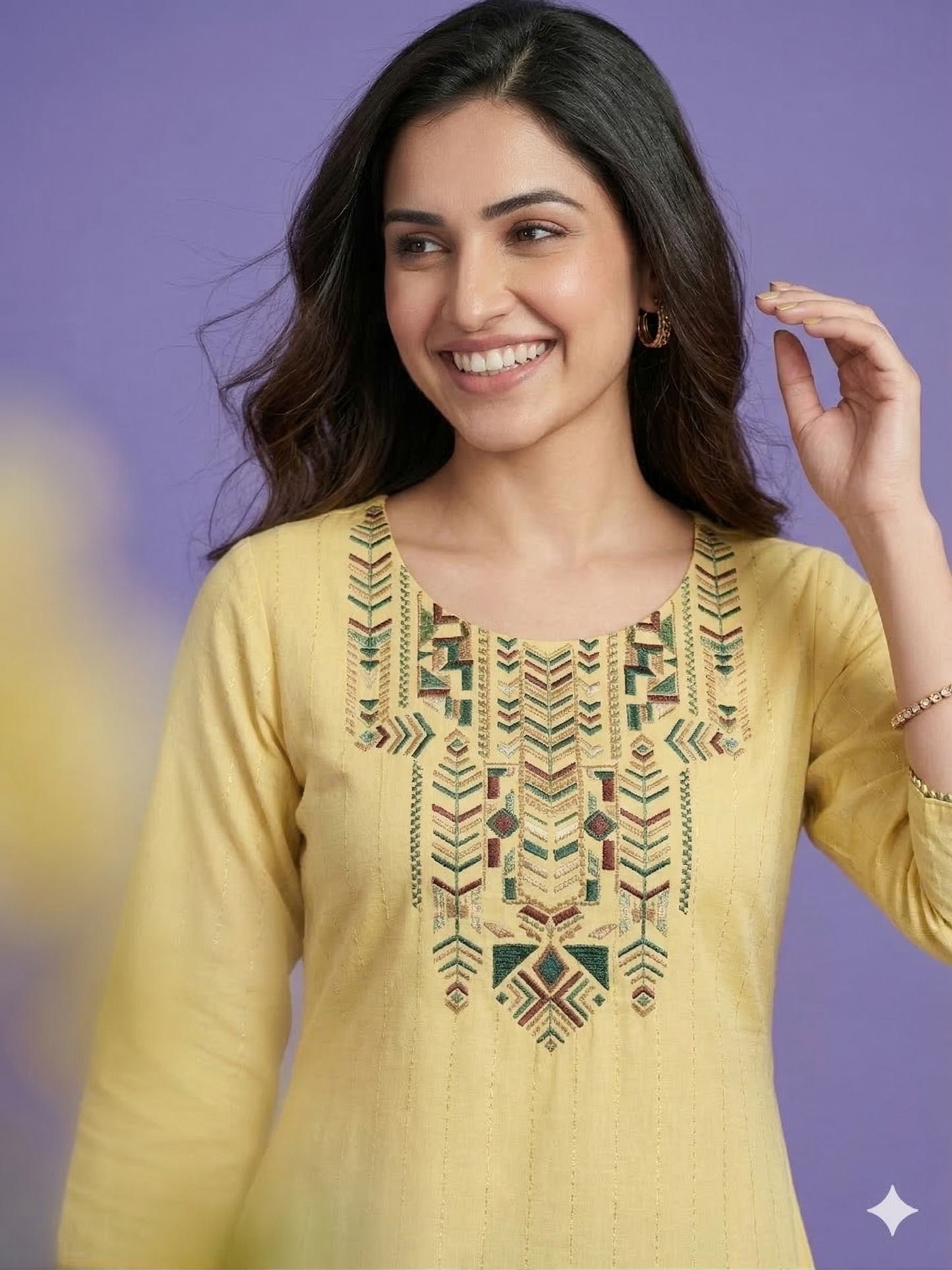 Yellow Round Neck Cotton Kurta