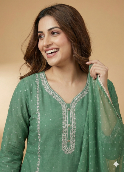 Green Round V Neck Cotton Kurta