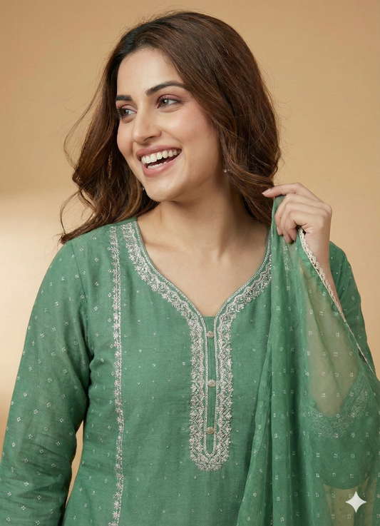 Green Round V Neck Cotton Kurta