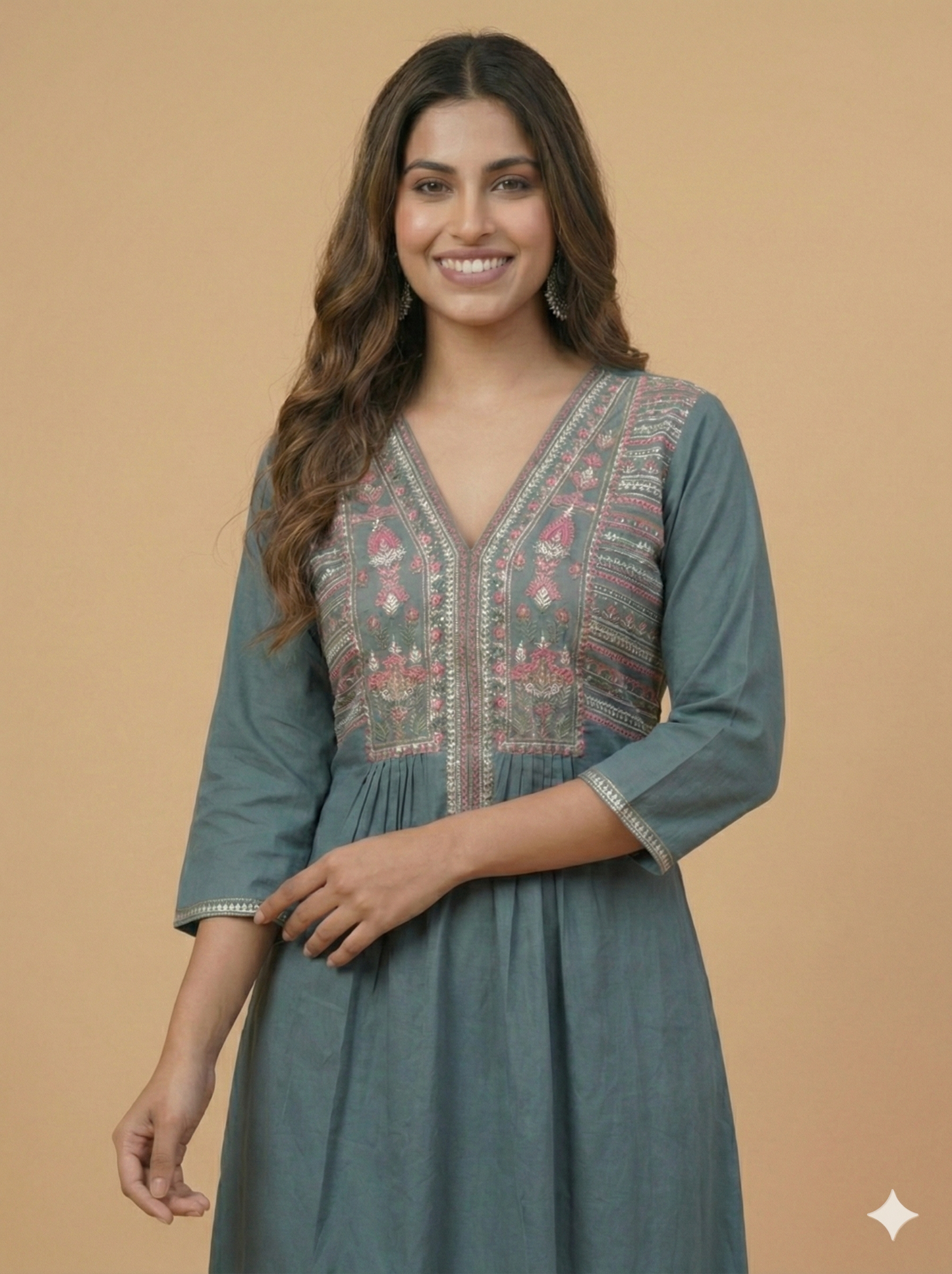 Blue V Neck Cotton Kurta