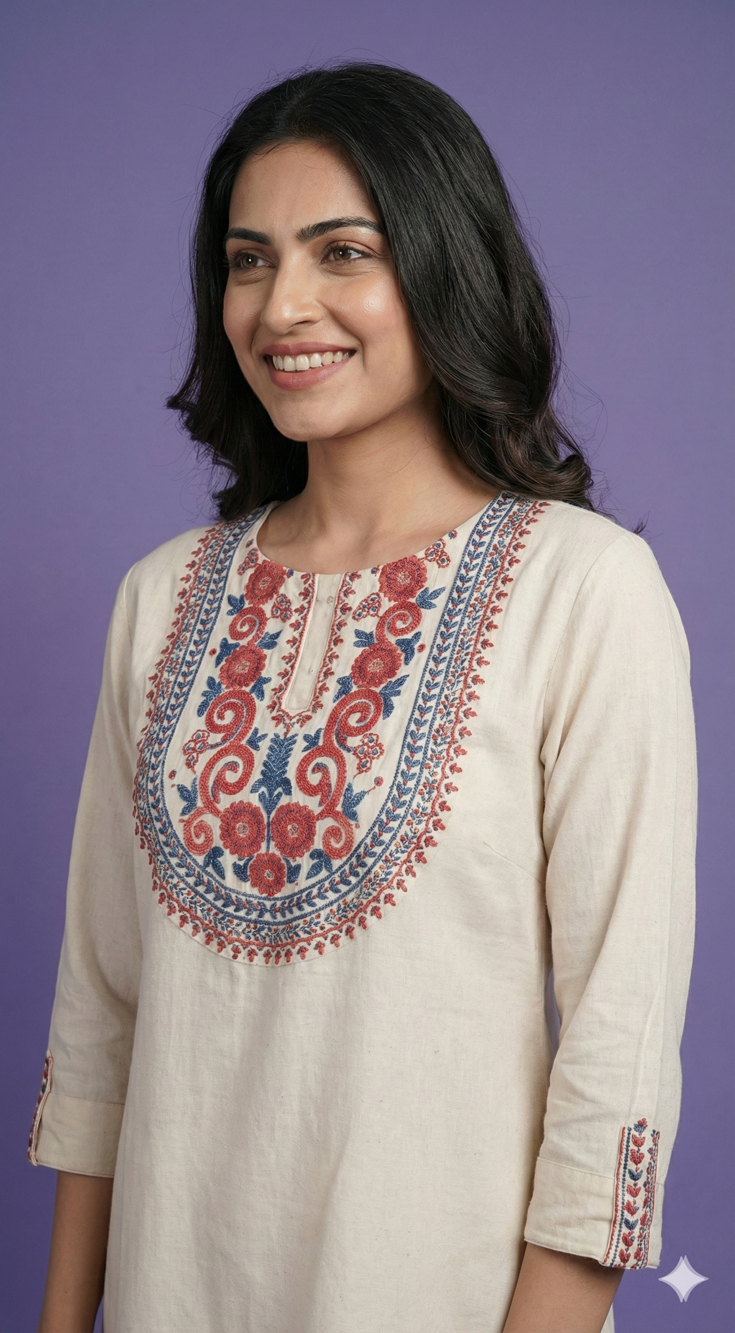 Ivory Round Neck Cotton Short Kurta