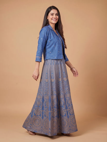 Denim Blue Notched Collar Cotton Gown With Crop Jacket