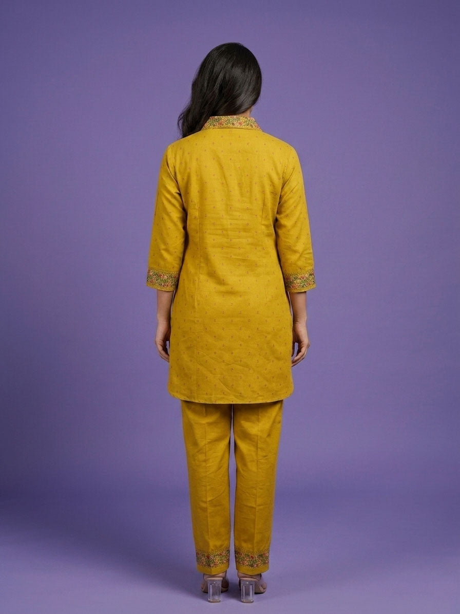 Yellow Shirt Collar Cotton Linen Cord Set