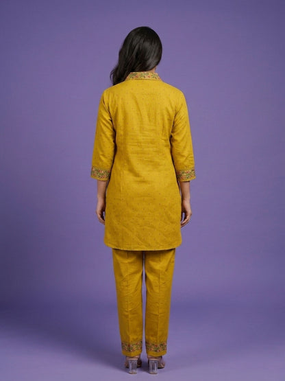 Yellow Shirt Collar Cotton Linen Cord Set