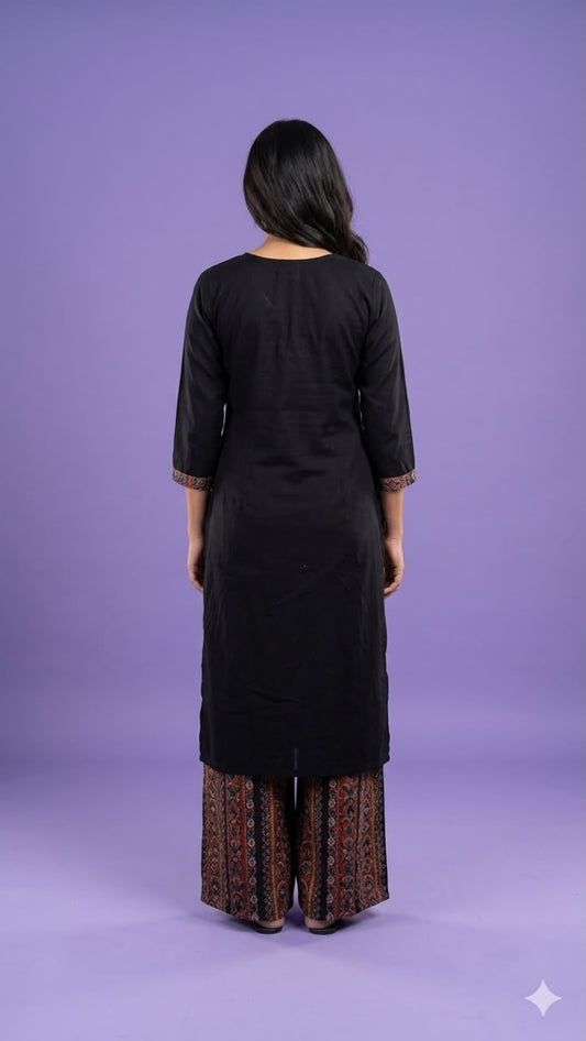 Black Round Neck Silk Kurta Set with Dupatta