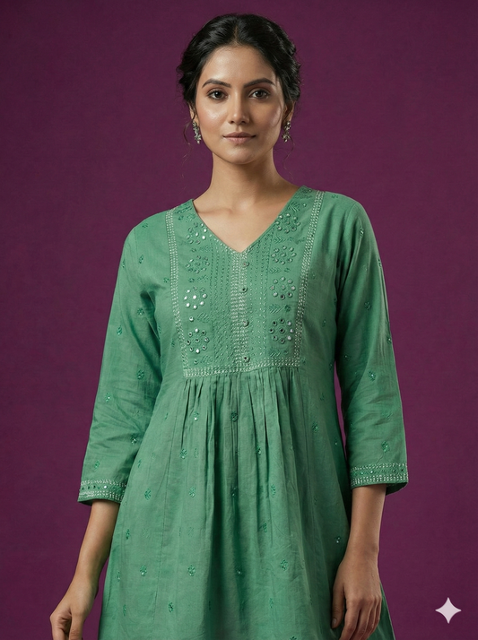 Green V neck Cotton Short Kurta
