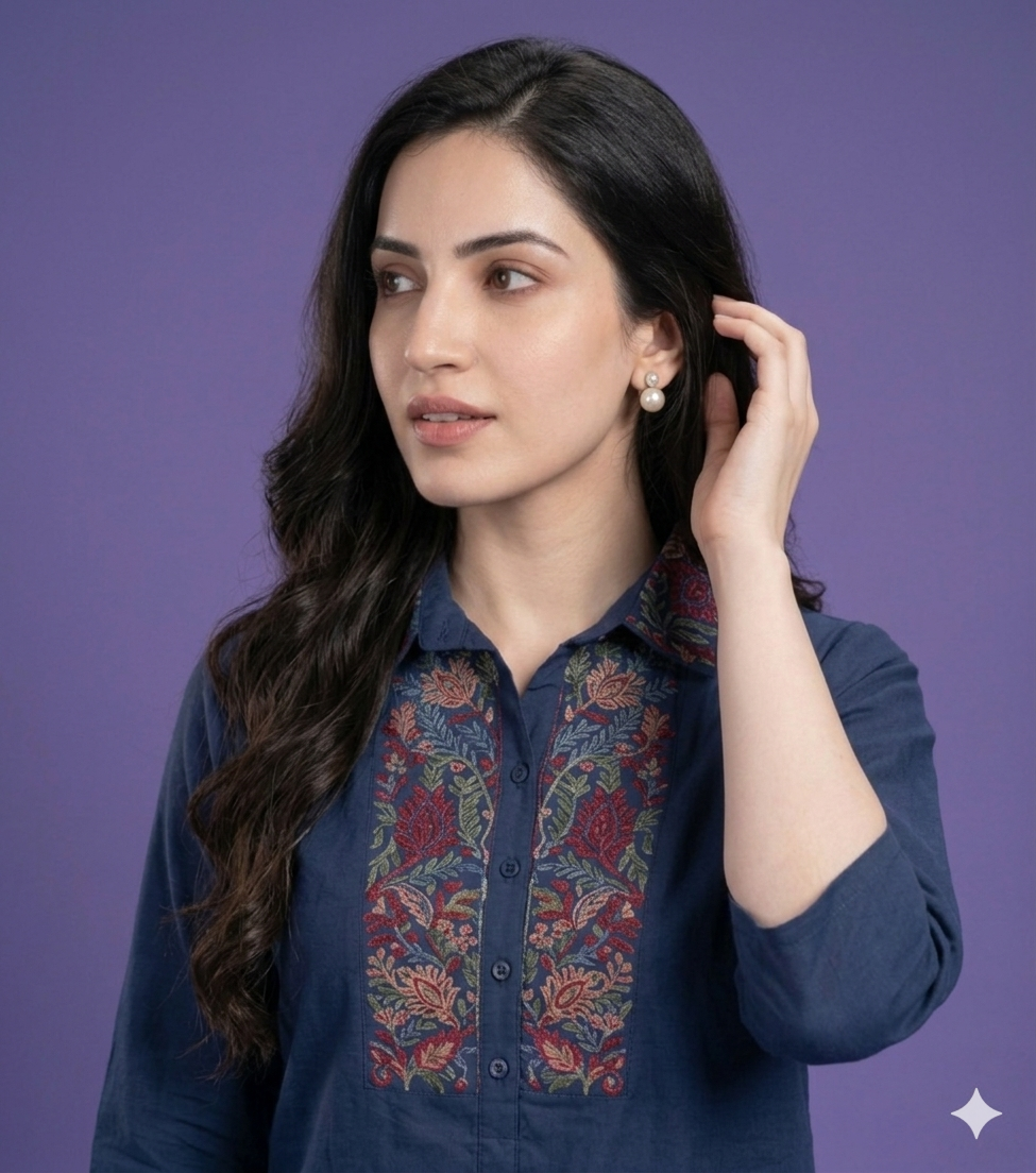 Blue Collard Cotton Short Kurta