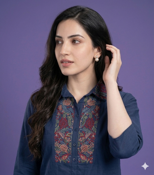 Blue Collard Cotton Short Kurta