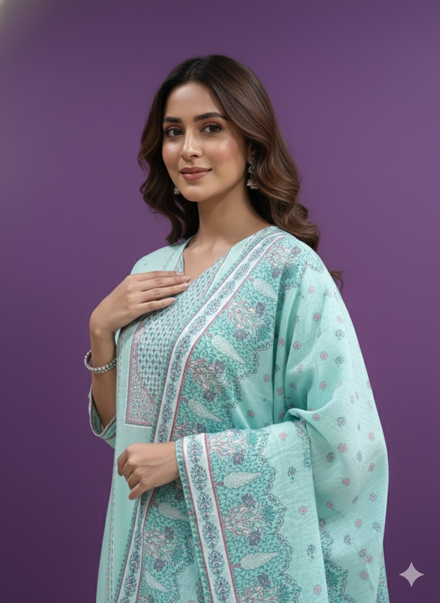 Green V Neck Cotton Kurta Set with Dupatta