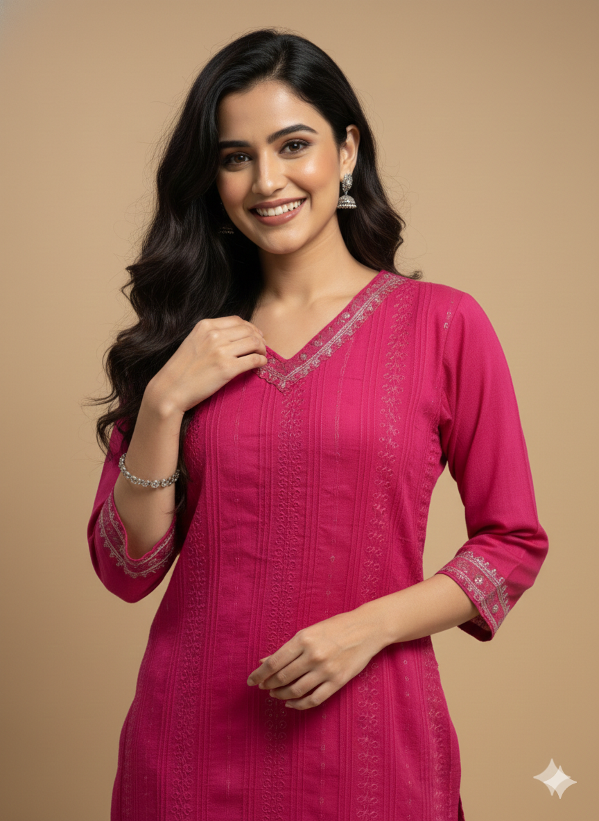 Pink V Neck Cotton Kurta