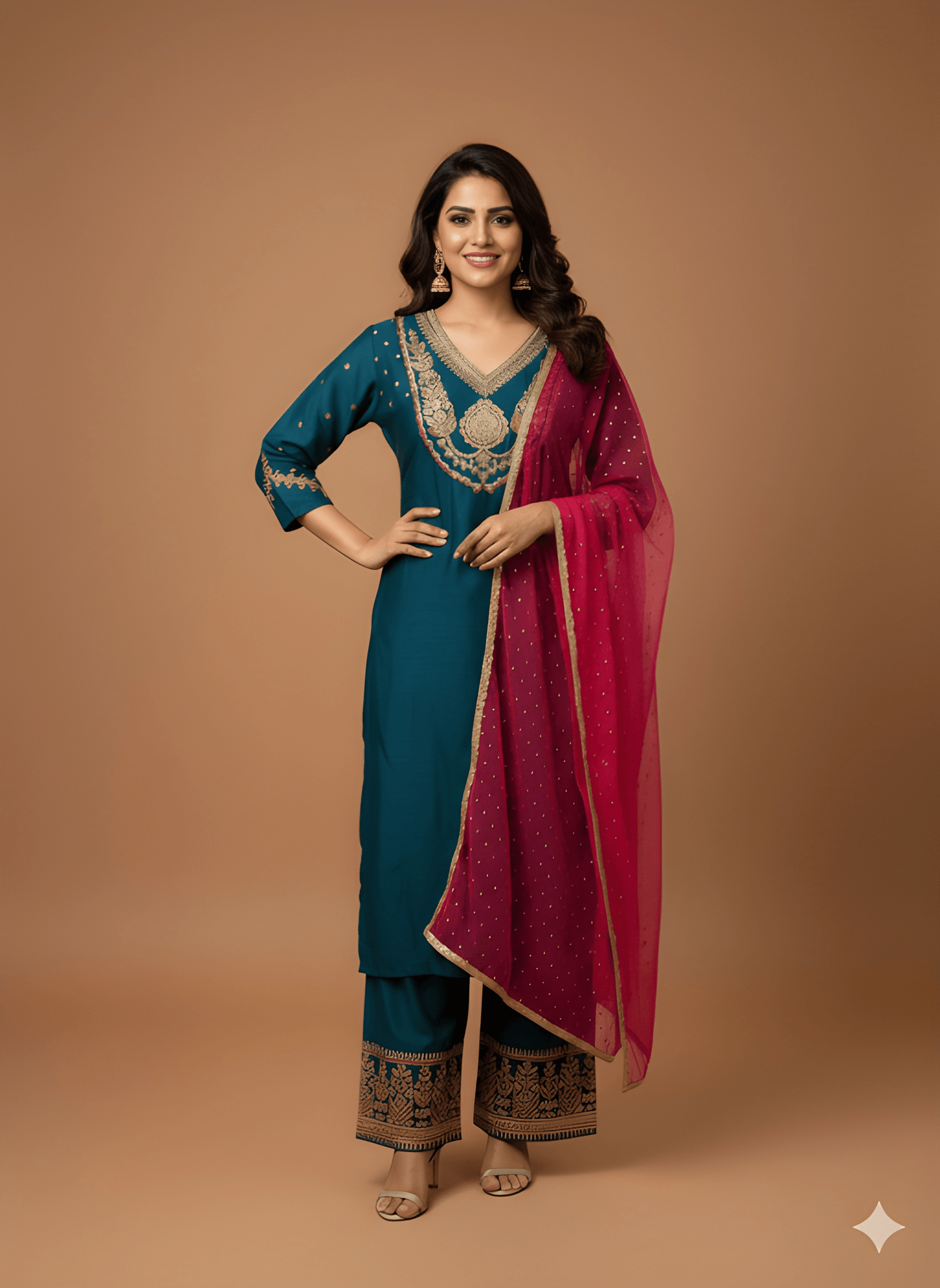 Blue V Neck Silk Kurta Set with Dupatta