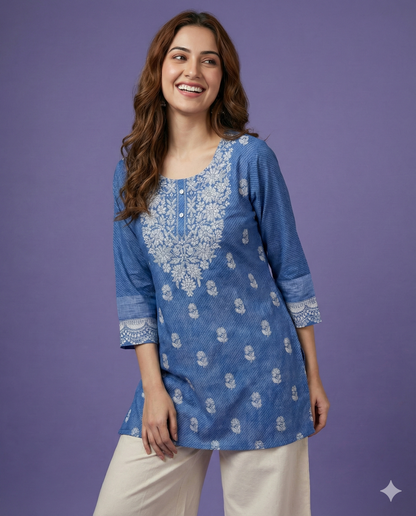 Blue Round Neck Cotton Short Kurta