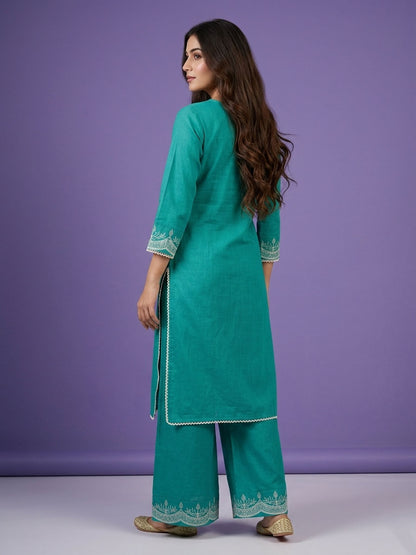 Blue Round Neck Cotton Kurta Set with Dupatta