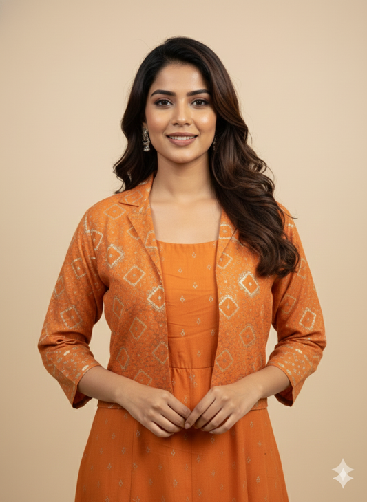 Orange Notched Neck Rayon Spagati Kurta  With Crop Jacket