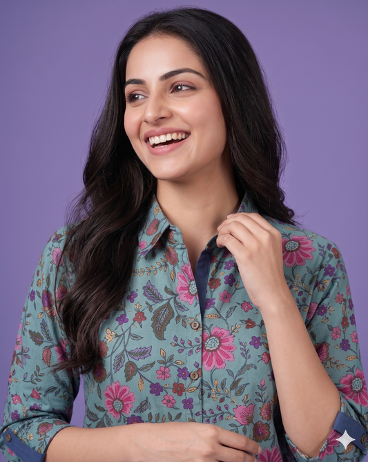 Blue Collard Cotton Kurta