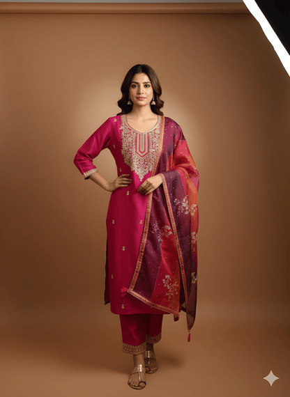 Pink Round Neck Silk Kurta