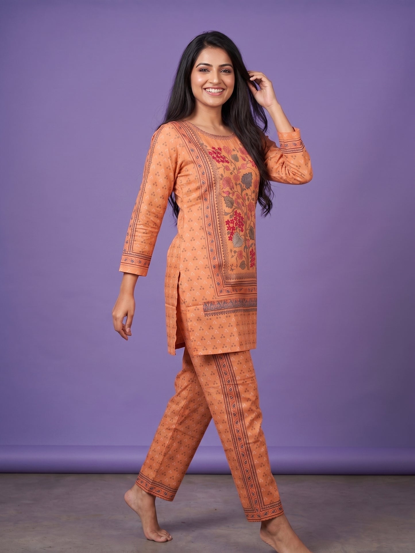 Plum Pich  Round Neck Cotton Cord Set