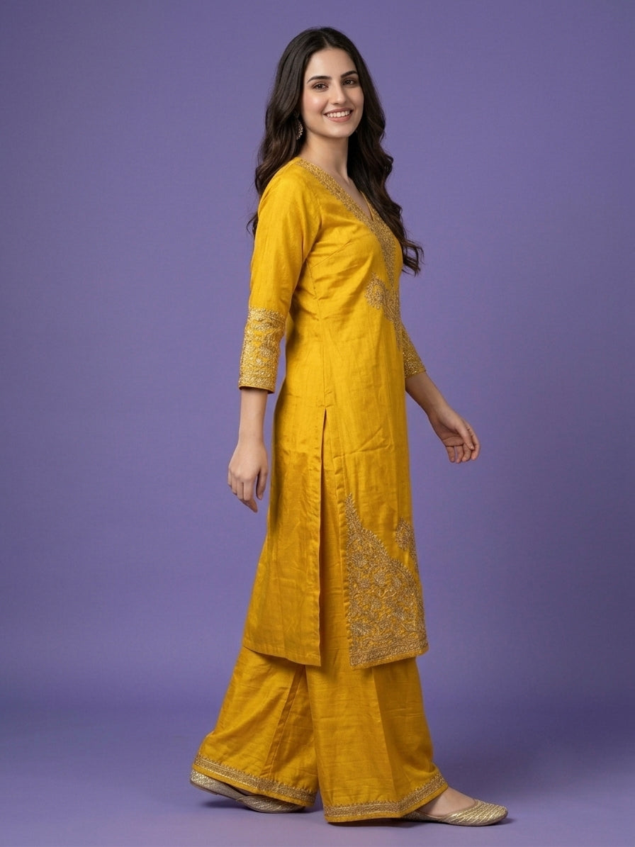Slub Silk Straight Suit Set with Embroidered Dupatta