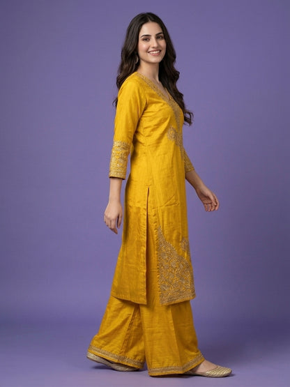Slub Silk Straight Suit Set with Embroidered Dupatta
