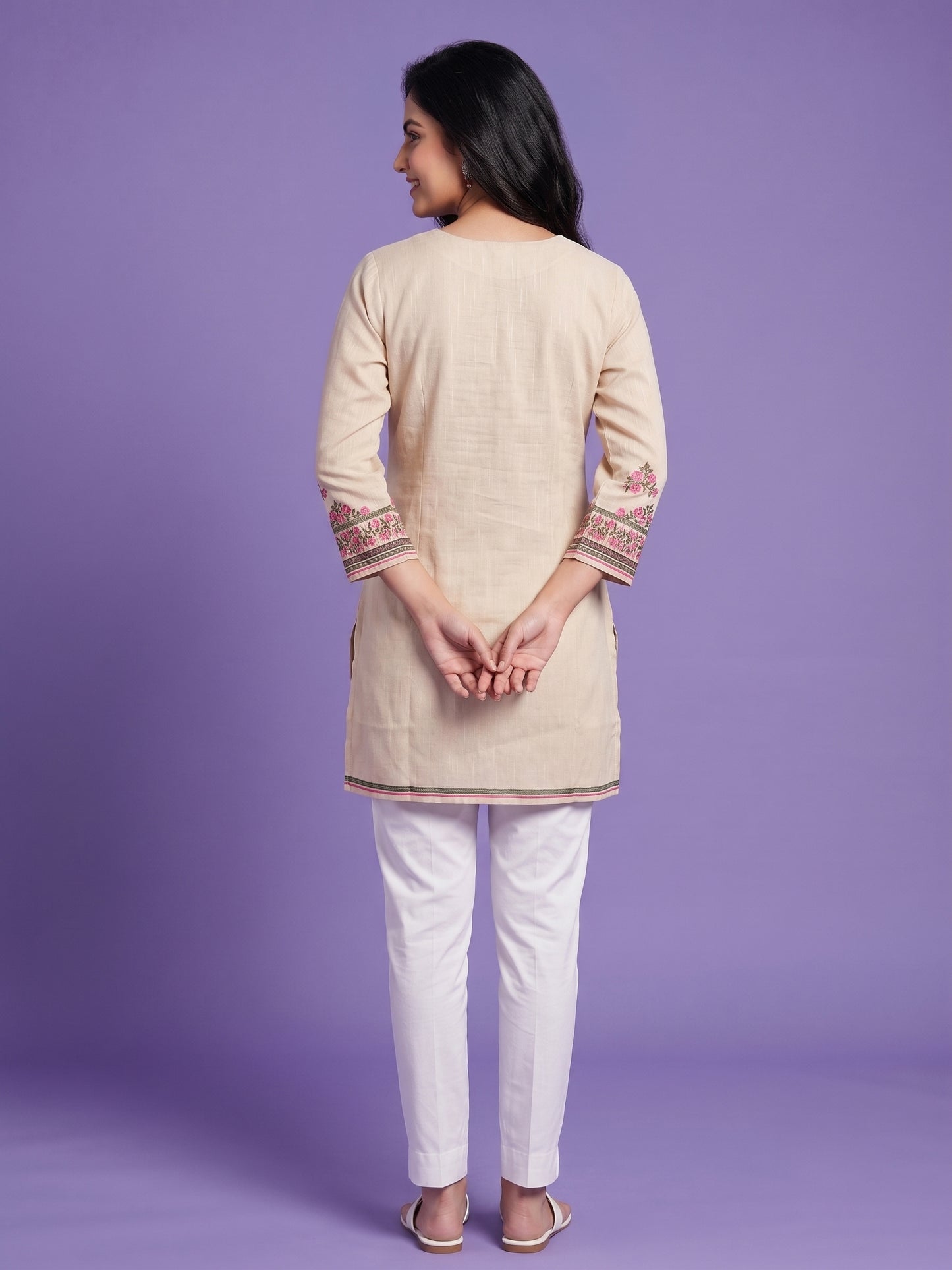 Ivory Round Neck Cotton Short Kurta