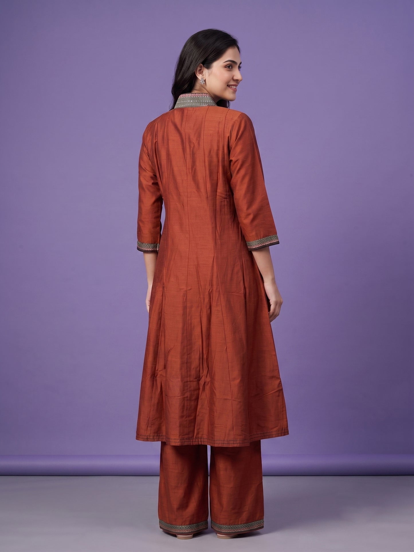 Brown High V Neck Slik Kurta Set