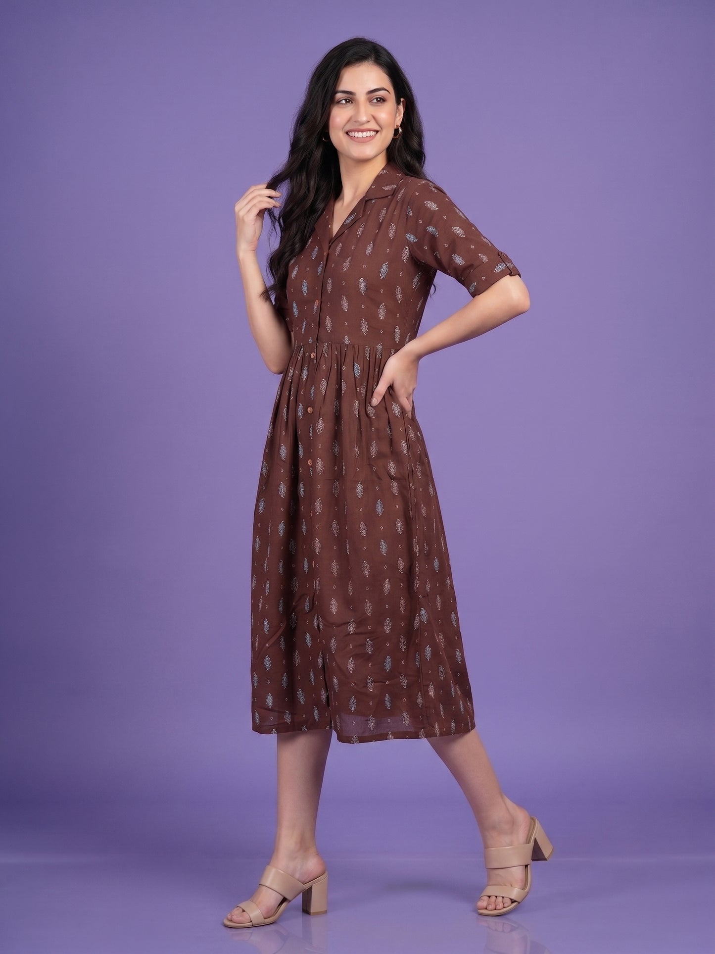 One Pcs Dress with Double Collar & Elbow Sleeve