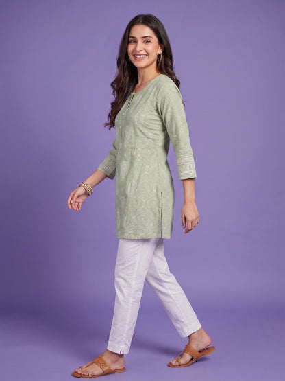 Green Round Neck Reyon Short Kurta