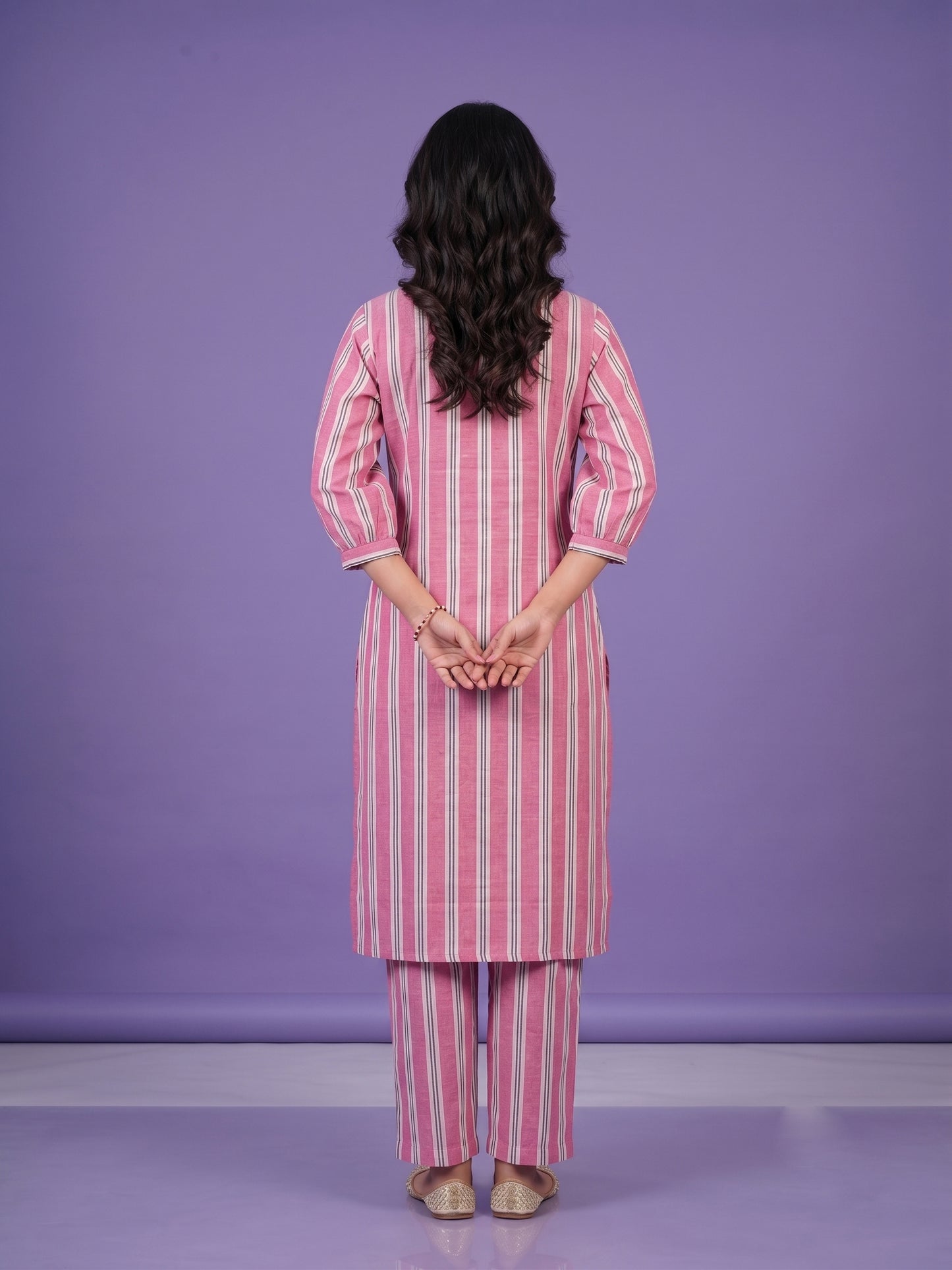 Pink Lavender Mandarin Neck Cotton Cord Set