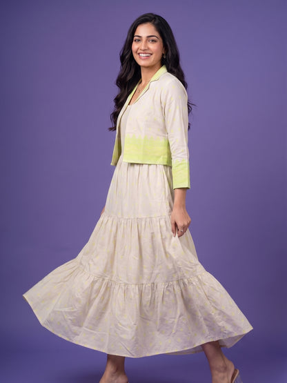 Ivory Round Neck Cotton Linen Gown With Crop Jacket