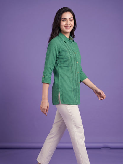 100% Cotton Pintuck Straight Tunics with Shirt Collar