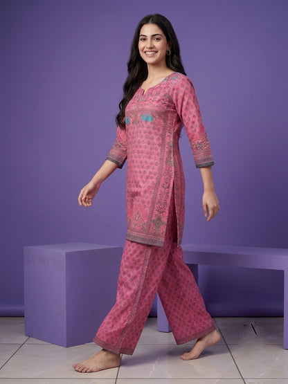 Pink Lavender Round V Neck Cotton Cord Set