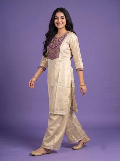Gold-Toned Zari Woven Design Straight Kurta with Palazzos