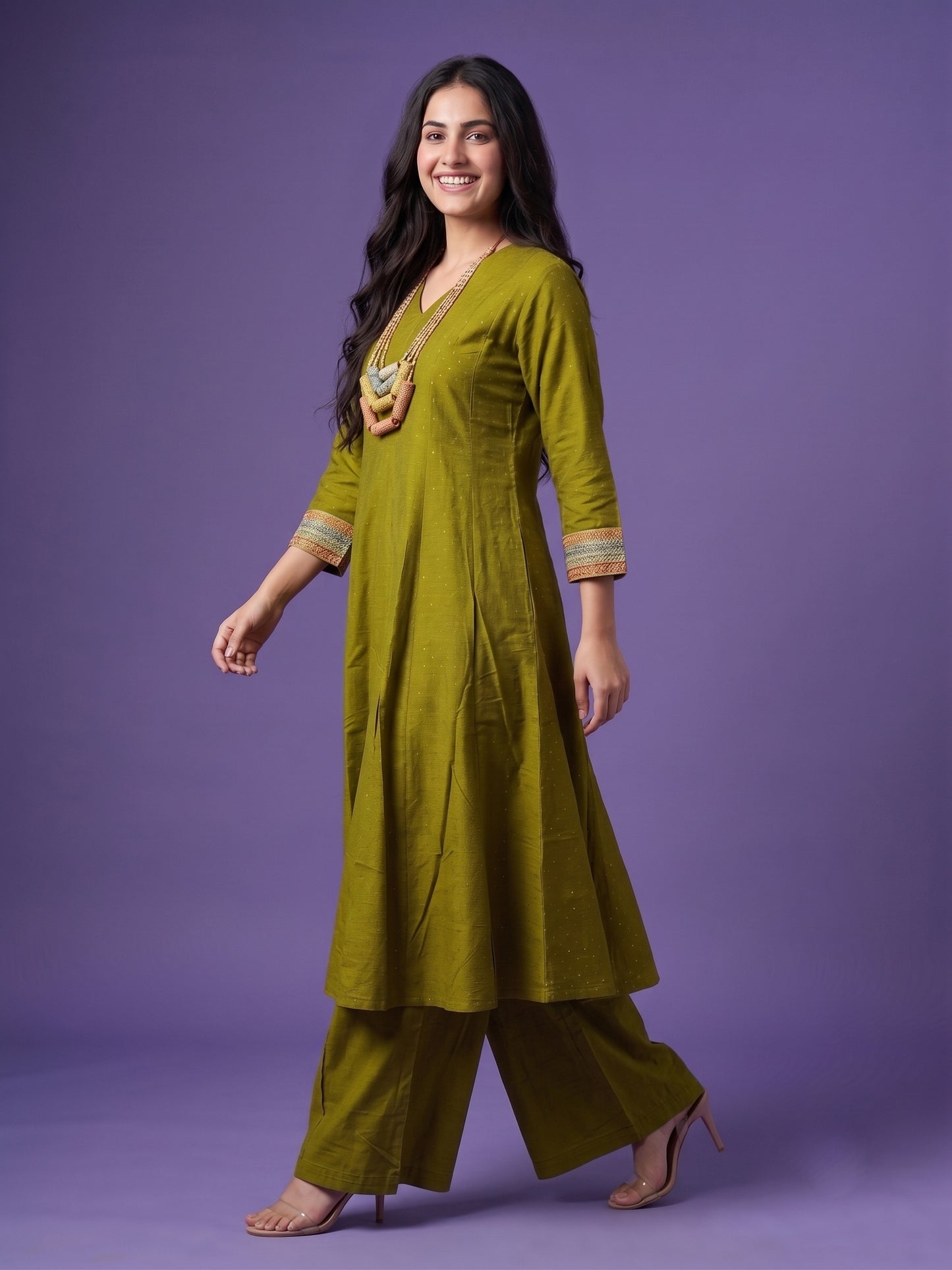 Slub Silk Kali Kurta with Palazzo & Necklace
