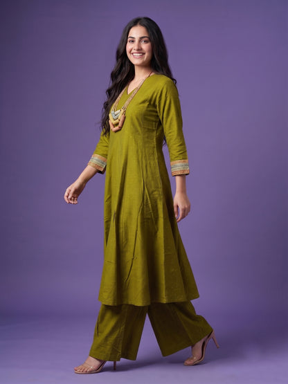 Slub Silk Kali Kurta with Palazzo & Necklace