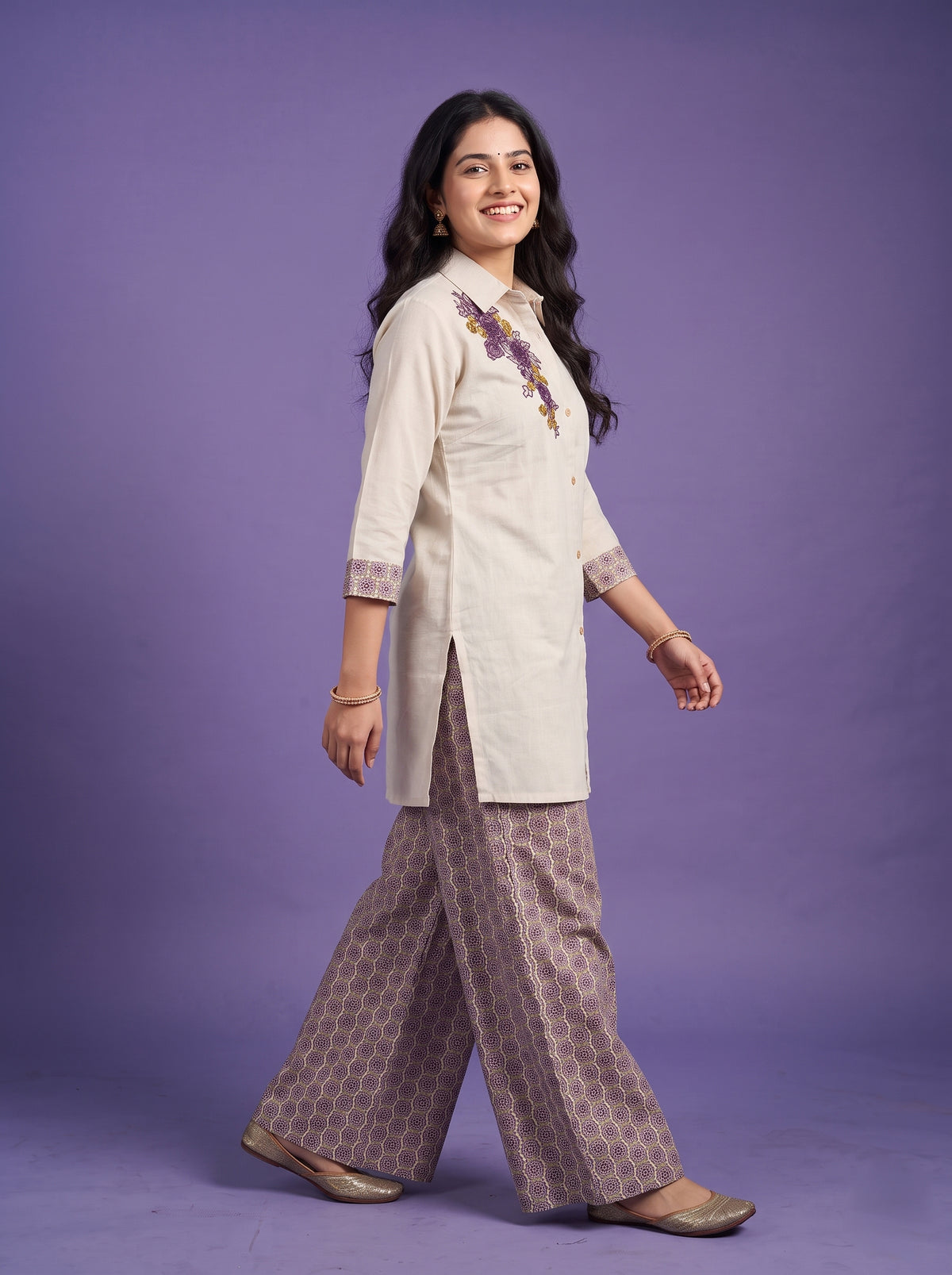 Embroidery Shirt Tunic Set with Printed Palazzo - Cotton Linen