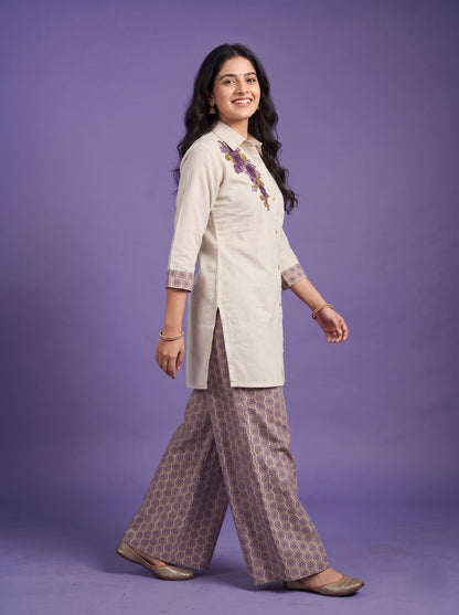 Embroidery Shirt Tunic Set with Printed Palazzo - Cotton Linen