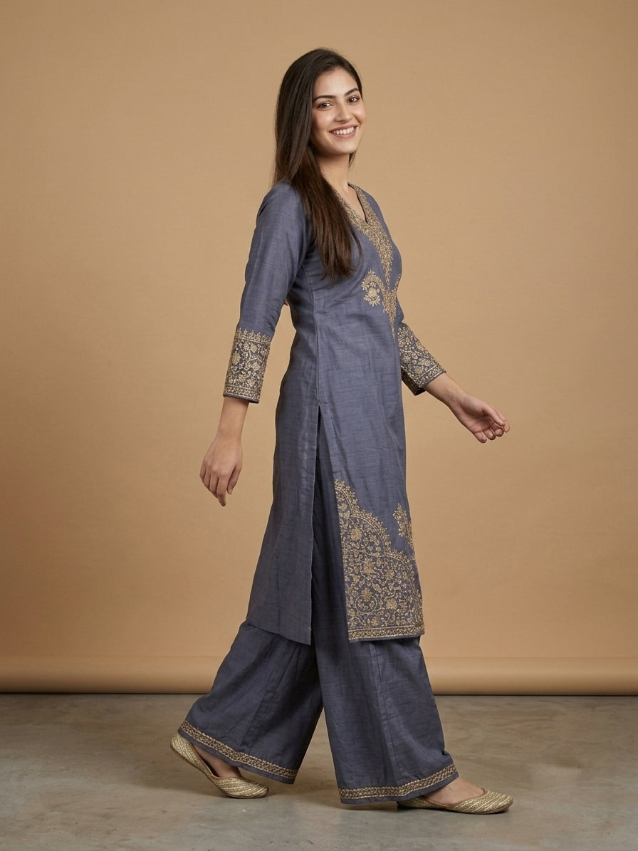 Slub Silk Straight Suit Set with Embroidered Dupatta