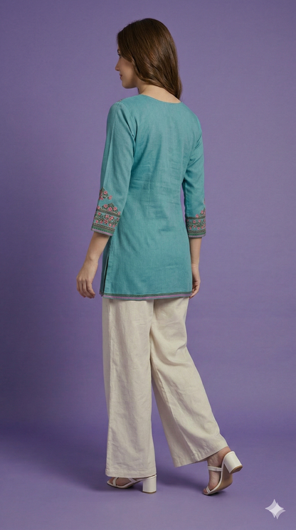 Blue Round Neck Short Kurta