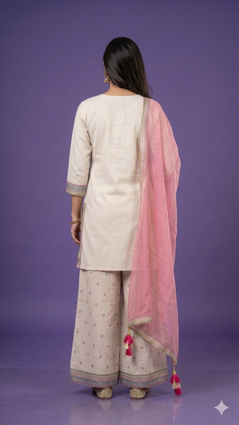 Ivory Round Neck Cotton Kurta Set with Dupatta