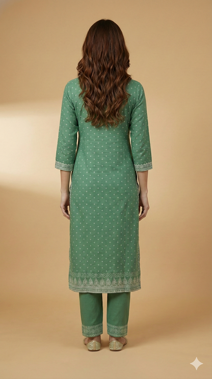 Green Round V Neck Cotton Kurta