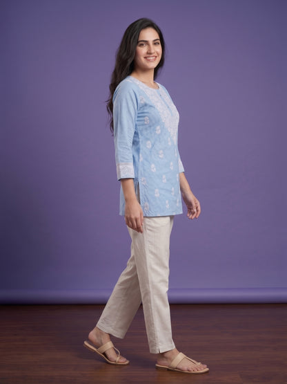 Blue V Neck Cotton Short Kurta