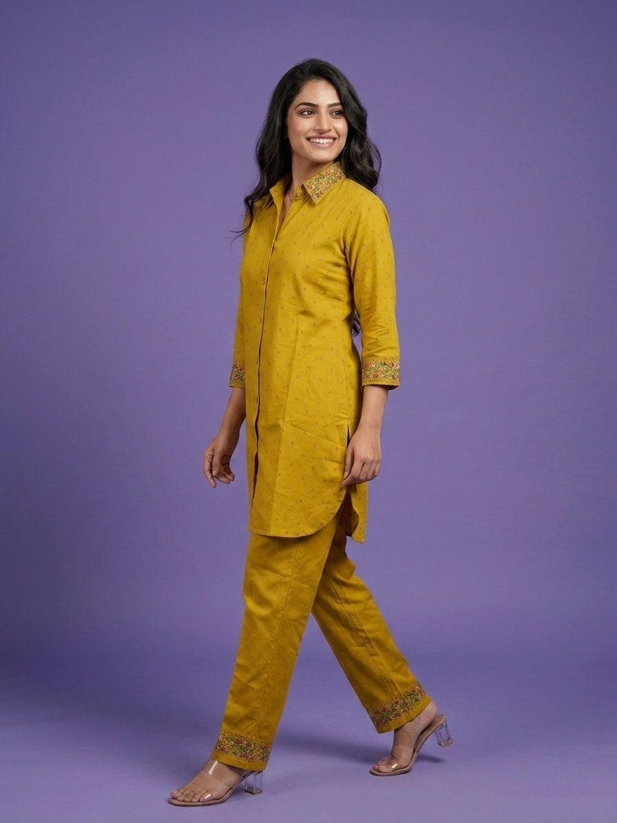Yellow Shirt Collar Cotton Linen Cord Set
