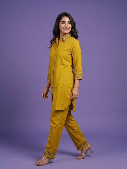 Yellow Shirt Collar Cotton Linen Cord Set