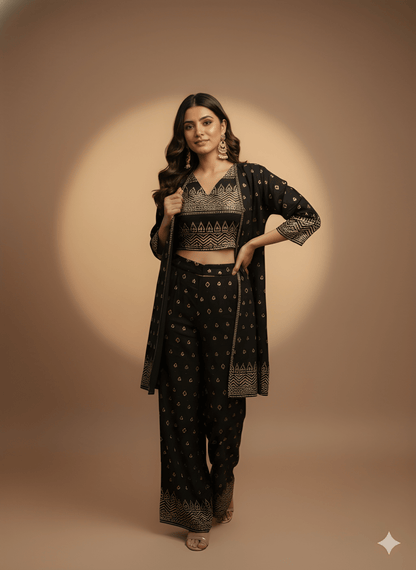Black V Neck Silk 3PCS Set