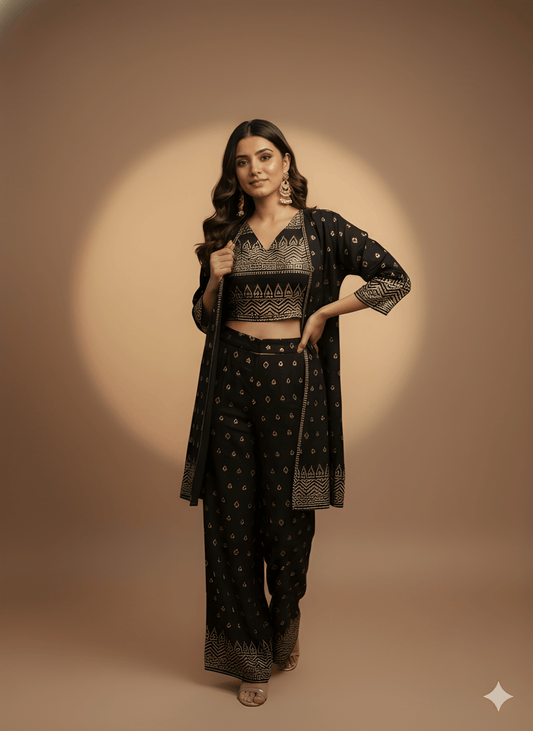 Black V Neck Silk 3PCS Set