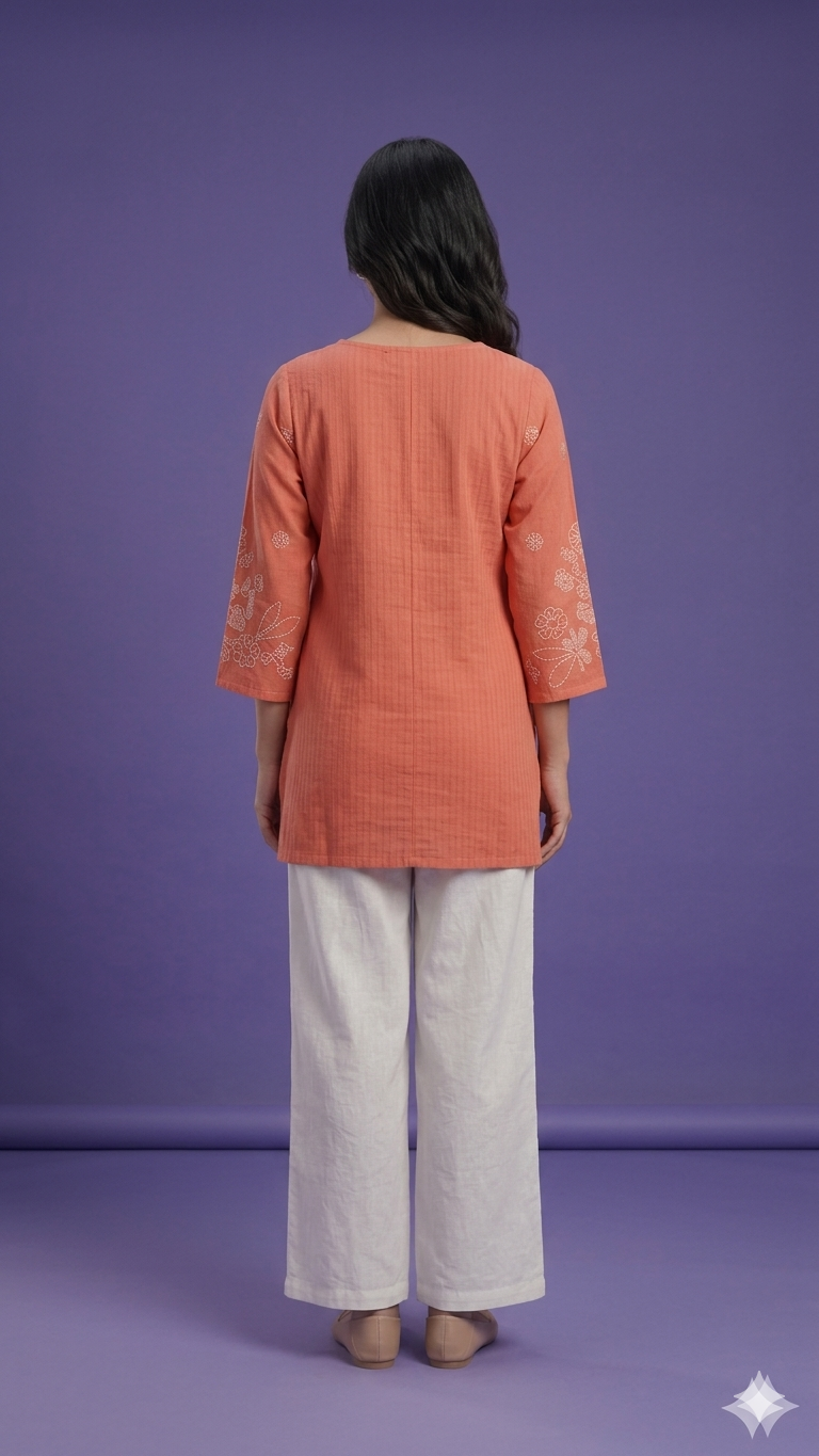 Orange Round V Neck Cotton Short Kurta